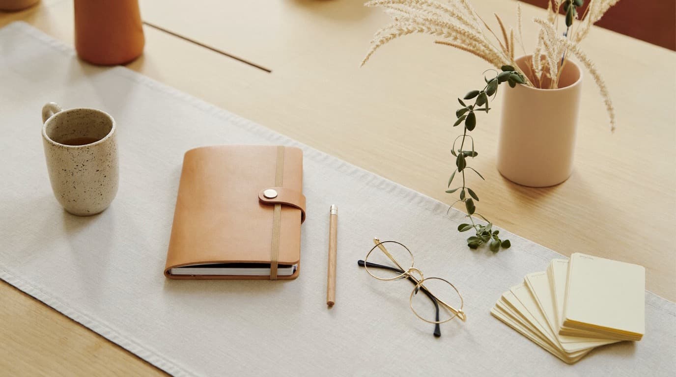 A manager's desk seen from above: a leather planner, a notebook, index cards and a cup of coffee