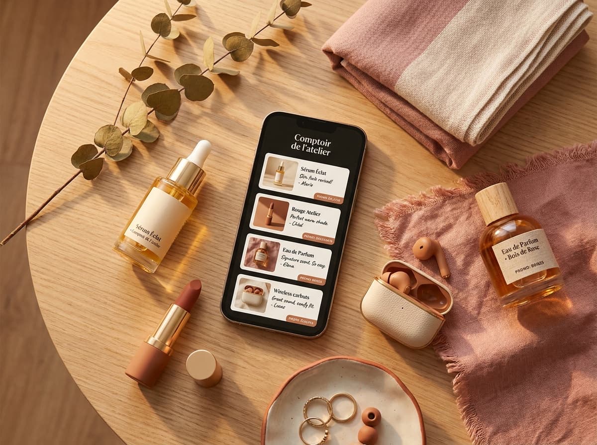 Produtos de beleza e lifestyle ao lado de um celular que mostra a mesma seleção em cartões
