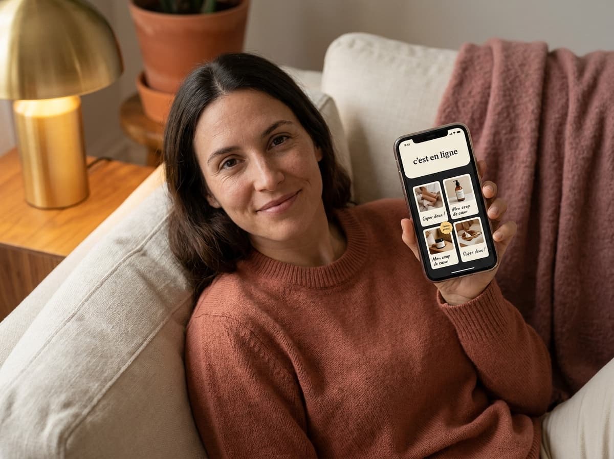 A relaxed creator on her couch shows her online recommendation storefront on her phone