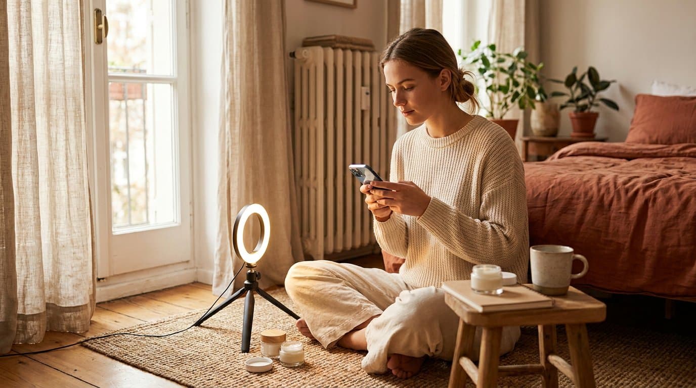 Uma criadora sentada no chão do quarto edita o perfil do Instagram no celular, com uma ring light e alguns produtos de beleza