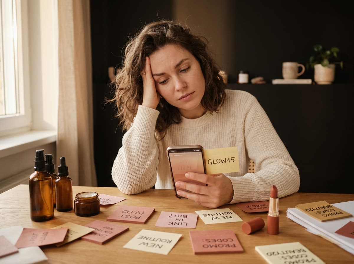 An overwhelmed creator at her desk, surrounded by promo-code sticky notes, hunting for a code on her phone