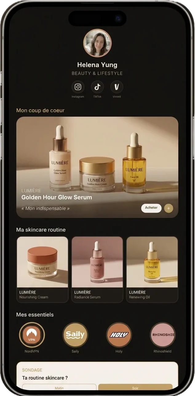 Preview of a Spotilink page on a phone: a beauty creator's profile, a featured card, a skincare selection and essentials