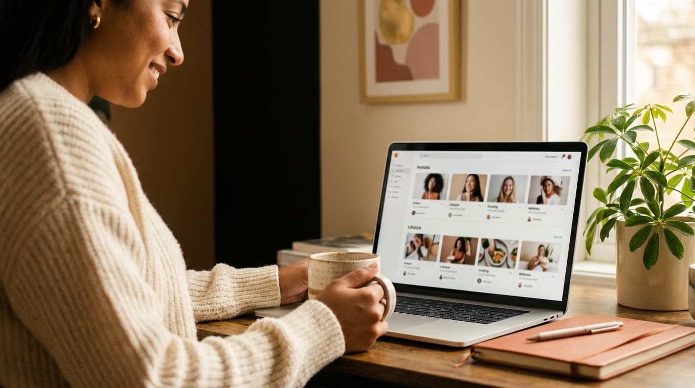 Um gestor consulta um painel com o portfólio de vários criadores no notebook