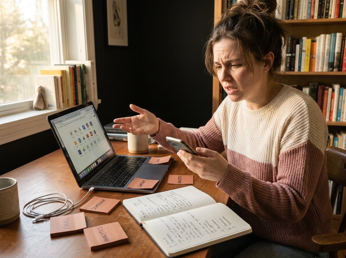 Ein überlasteter Manager jongliert an seinem Schreibtisch zwischen Laptop, Telefon und Post-its (E-Mail, Analytics, Planung)
