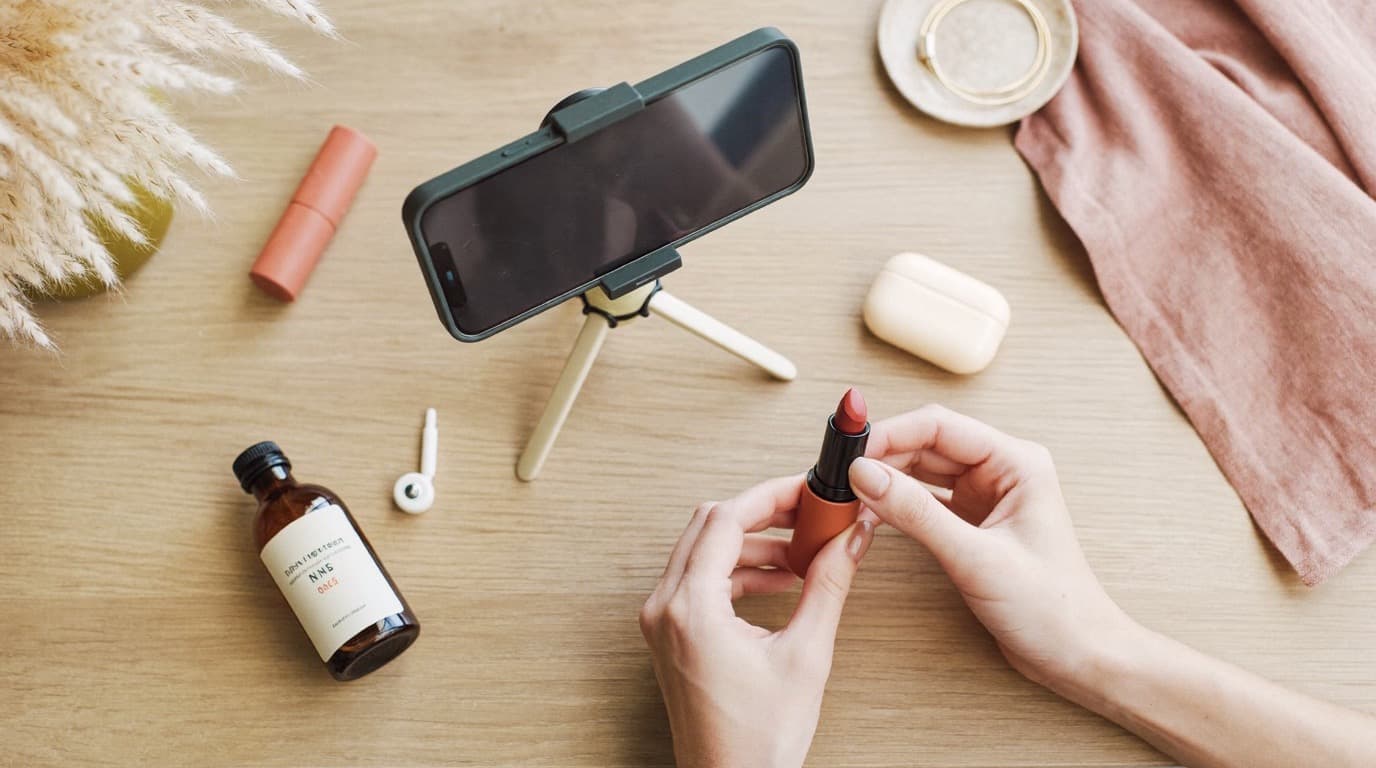 Um celular em um mini tripé filma uma seleção de produtos de beleza dispostos sobre uma mesa de madeira