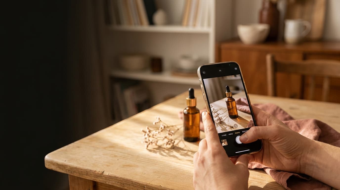 Uma criadora fotografa um produto de beleza com o celular para montar sua vitrine de recomendações