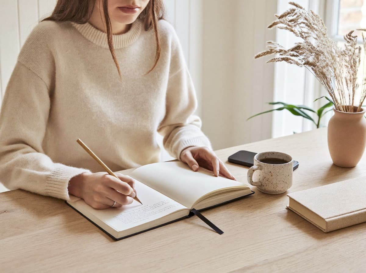 A creator writes her content plan in a notebook, her phone lying face down on the table