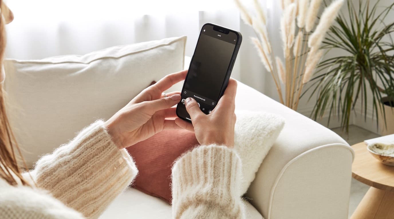 Une créatrice consulte son téléphone, installée dans son canapé, un coussin terracotta derrière elle