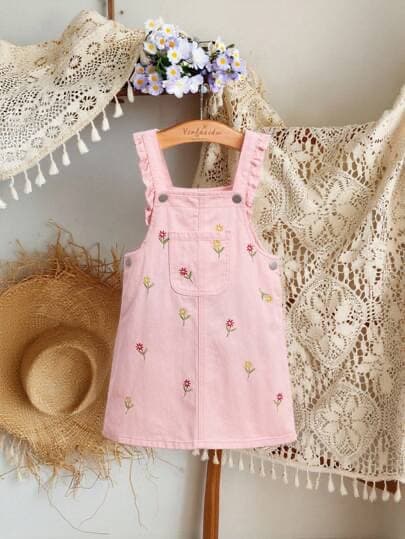 SHEIN Vintaside Kids Nuevo vestido de peto vaquero para niñas, estilo vacacional con lindo diseño bordado, diseño minima