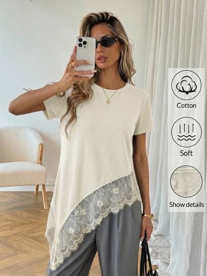 Easowa Camiseta de mujer de cuello redondo negro de manga corta con dobladillo de encaje y dobladillo asimétrico, de alg