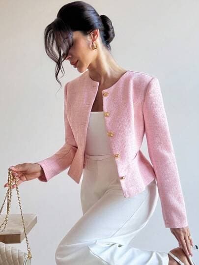 Firerie Chaqueta corta elegante de color rosa suave para fiesta de té de otoño para mujer, abrigo de mezcla de lana con