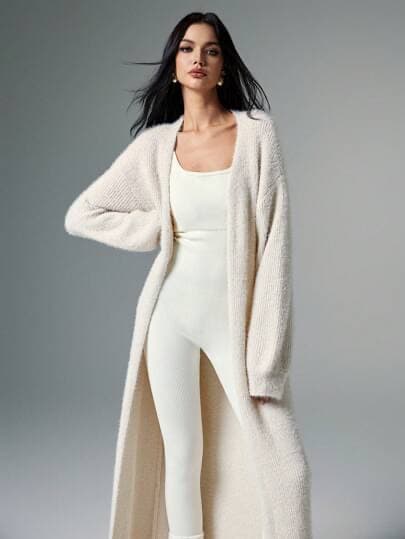 Poéselle Cárdigan de felpa de color albaricoque extra largo, cárdigan de punto casual de unicolor para mujer, atuendos d