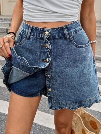 Serisse Minifalda vaquera casual con botones delanteros para mujer, ideal para verano, primavera, carnaval, viajes, grad