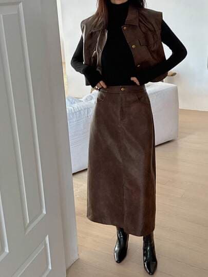 DAZY Conjunto de 2 piezas de chaleco y falda de piel sintética de una hilera para mujer, para otoño/invierno