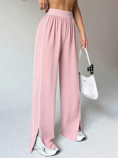 Dewbera Dewbera Pantalones de chándal de pierna recta y ajuste holgado para mujer con bolsillos, franja de contraste en