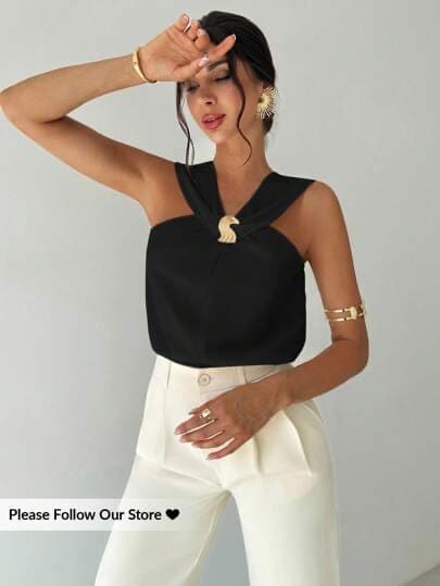 Firerie Top de mujer con cuello en V y decoración de hebilla metálica, negro y dorado, verano, elegante, fiesta nocturna