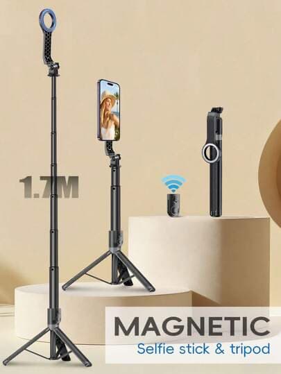 Trípode de Selfie Magnético de 1.7m, Soporte de Teléfono Giratorio 360°, Control Remoto Bluetooth Desmontable, Trípode E