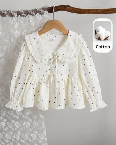 Genkimix Kids Camisa de algodón puro negro para niñas con cuello Peter Pan, manga larga, primavera/otoño, blusa de estil