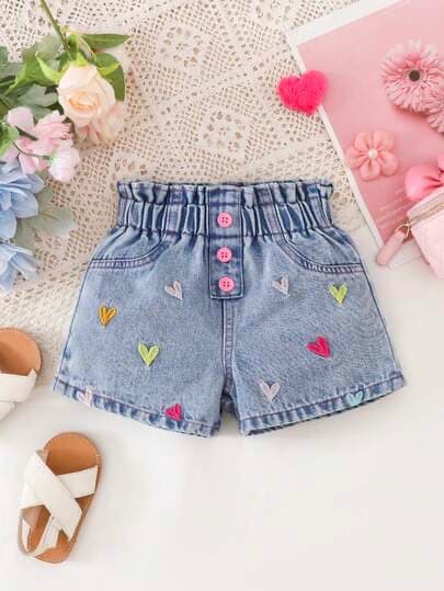 SHEIN Pantalones cortos vaqueros casuales y lindos para niñas, de verano, ligeros y de nueva llegada, azul medio lavado,