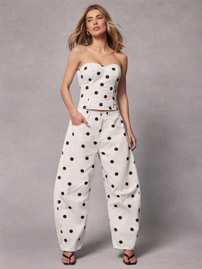 Hauture Jeans holgados con bolsillos y vuelo con estampado de lunares para mujer